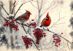 two red birds sitting on top of a tree branch covered in snow next to berries