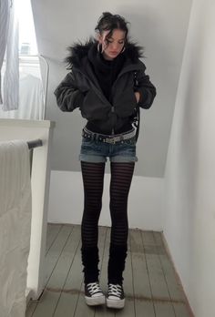 shorts with tights alt outfit Grunge Outfits Tights, Shorts Tights Boots Outfit, Shorts Under Skirt Outfit, 90s Dinner Outfit, Winter Outfit With Shorts, Layered Tights Outfit, Thanksgiving Outfit Goth, Thanksgiving Outfit Alt, Shorts Over Tights 2000s