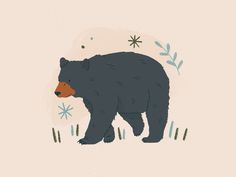 an illustration of a bear walking in the grass with snowflakes on its back