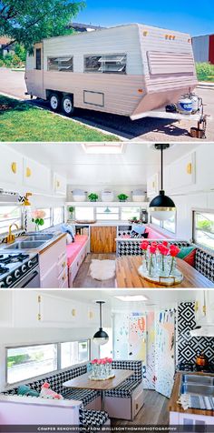 the interior and exterior of a mobile home with pictures of kitchen, living room and dining area