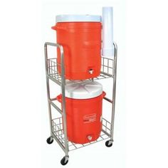 an orange and white cooler sitting on top of a metal cart