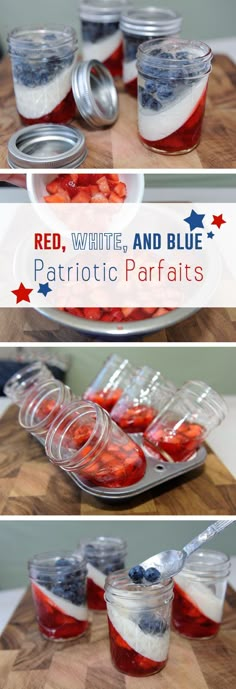 red, white and blue patriotic desserts in mason jars