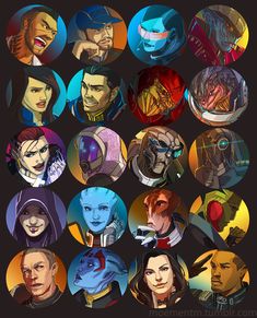 many different avatars are depicted in this photo, including one with blue eyes and the other