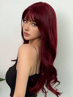 70s Bangs, Red Hair With Bangs, Curly Wig With Bangs, Cherry Red Hair, Wine Hair, Red Hair Inspo, Cherry Hair, Hair For Black Women, Long Curly Wig