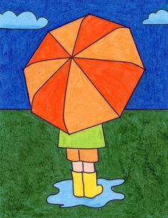 a drawing of a person holding an umbrella in the rain with grass and blue sky behind them