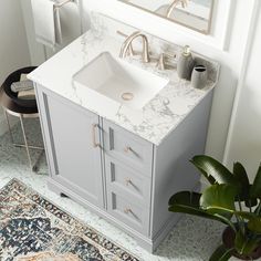 a bathroom vanity with a sink and mirror in the corner next to a potted plant