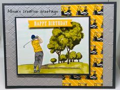 a happy birthday card with a golf player on the green and trees in the background