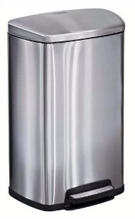 a stainless steel trash can on a white background