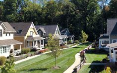 a row of houses with trees and grass in the foreground, on a sunny day