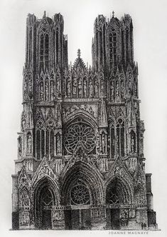 a black and white drawing of the front of a cathedral with gothic architecture on it