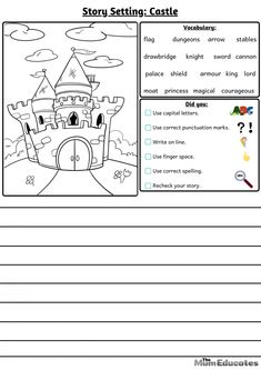 a worksheet with an image of a castle and other things to write on it