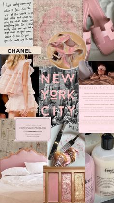 pink and gold collage with chanel, new york city heels, chanel perfumes