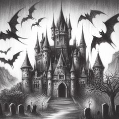 a drawing of a castle with bats flying over it