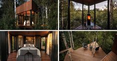 four different views of the inside of a house in the woods, including a bedroom and living area