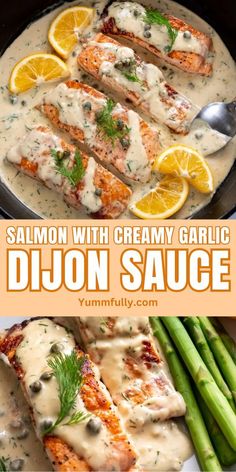 salmon with creamy garlic sauce served in a skillet and garnished with asparagus