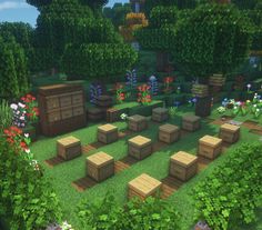 You can watch the tutorial on my Youtube channel. Minecraft Bee Garden Ideas, Mincraft Idea Farm Bee, Beehive Farm Minecraft, Beehive Ideas Minecraft, Minecraft Bee Apiary, Minecraft Compact Farm, Bee Sanctuary Minecraft Build, Bee Garden Minecraft, Minecraft Bee Hive Build