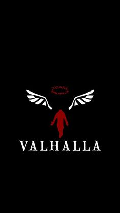 the logo for valhalla, an upcoming horror film with wings and blood on it