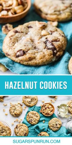 chocolate chip cookies with walnuts on top and the words hazelnut cookies above it