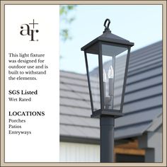 an advertisement for a light fixture in front of a house with the words, this light fixture was designed for outdoor use and is built to