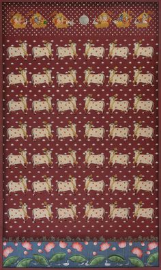 a red and white quilt with horses on it's sides, in front of a blue background