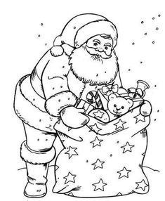 santa claus is holding his teddy bear in the bag with stars and snow on it