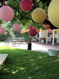 some balloons are hanging from a tree in the grass near a picnic table and bench