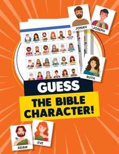 guess the bible character quiz game on an orange background with pictures of jesus and other people