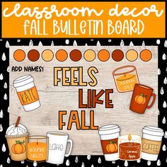 a classroom decor fall bulletin board with coffee and pumpkins