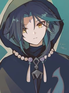 an anime character with blue hair wearing a black hoodie and pearls on her necklace