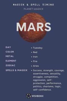 a poster with the words mars in white and black on a blue background that reads, magick & spell thing planet magick