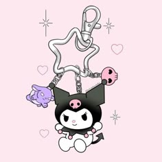 a cartoon character is holding onto a keychain with two skulls on it's side