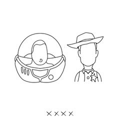 a line drawing of a man with a hat and a baby in a stroller