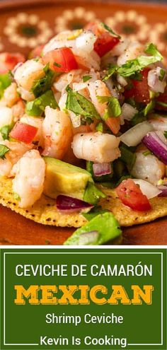 mexican shrimp and avocado tostada on a tortilla with text overlay