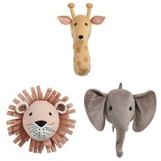 three stuffed animals and one giraffe are shown in this set, each with its own head