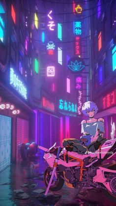 a person sitting on a motorcycle in the middle of a room with neon colored lights