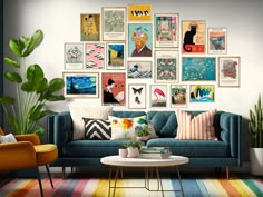 a living room filled with furniture and lots of pictures on the wall above it's couch