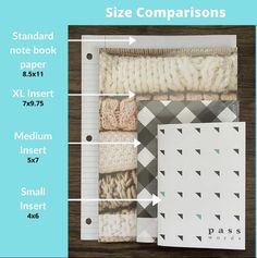 the size comparison is shown with measurements for different items in each section, including yarn and fabric