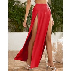 Red Multi High Split Sexy Long Skirt Hip-length Solid Mini Skirt For Party, Party Maxi Skirt In Solid Color With Stretch, Stretch Solid Color Maxi Skirt For Party, Hip-length Summer Party Skirt, Summer Party Hip-length Skirt, Fitted Red Maxi Skirt For Summer, Trendy Red Club Bottoms, Trendy High Waist Maxi Skirt For Party, Trendy Red Bottoms For Club