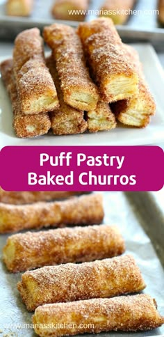 puff pastry baked churros with powdered sugar on top and the words puff pastry baked