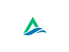 the letter a logo with water waves and green leaves on it's side, as well as an arrow in the middle