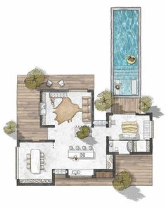 an overhead view of a floor plan for a house with swimming pool and outdoor furniture