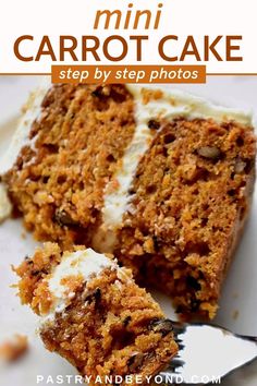 a piece of carrot cake on a white plate with a bite taken out of it