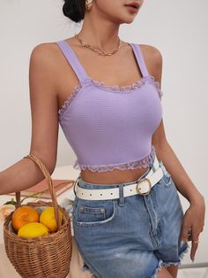 Lilac Purple Elegant   Polyester Plain Wide Strap Embellished High Stretch Summer Women Tops, Blouses & Tee Purple Crop Top Tank For Spring, Purple Cropped Tank Top For Spring, Casual Purple Crop Top Tank, Trendy Purple Crop Top Tank, Fitted Purple Cropped Tank Top, Crop Tank, Cropped Tank Top, Summer Women