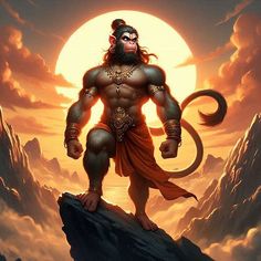 a monkey standing on top of a mountain in front of the sun