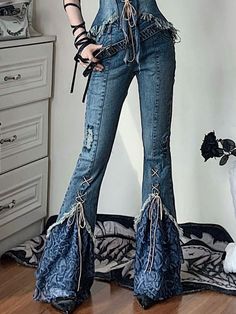 Patchwork Design Denim Flare Pants Lace-up Detail Denim Flare Pants, Woman Outfit, Clothing Diy, Mode Casual, Upcycled Fashion, Really Cute Outfits, Denim Flares, Character Outfits, Pair Of Pants