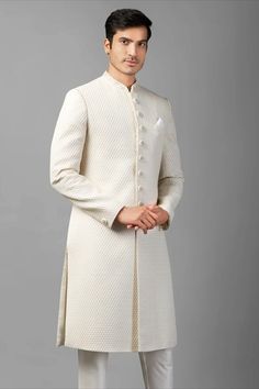 mens sherwani, sherwani designs, embroidred mens sherwani, off white sherwani for men, wedding wear for groom, grooms outfit ideas, grooms reception look, latest sherwani patterns, trendingnow, trending groom look, latest style, latest pose Men Wedding Wear, Mens Wear Wedding