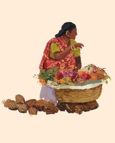 a painting of a woman sitting in a basket filled with flowers