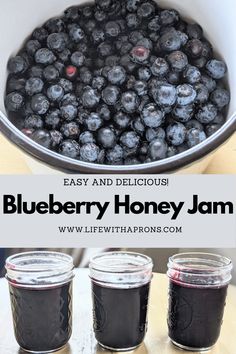 blueberry honey jam in mason jars with text overlay