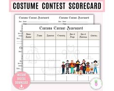 the costume contest score sheet is shown in pink and white with an image of children on it