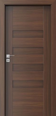 an open wooden door with metal handle on the front and side panels, in dark wood